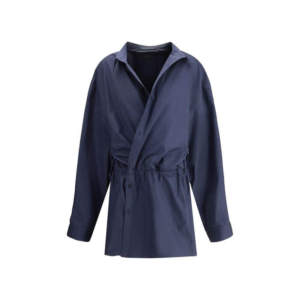 Balenciaga chemisier mini dress with classic collar and asymmetrical button closure, featuring an elasticated drawstring waistband.