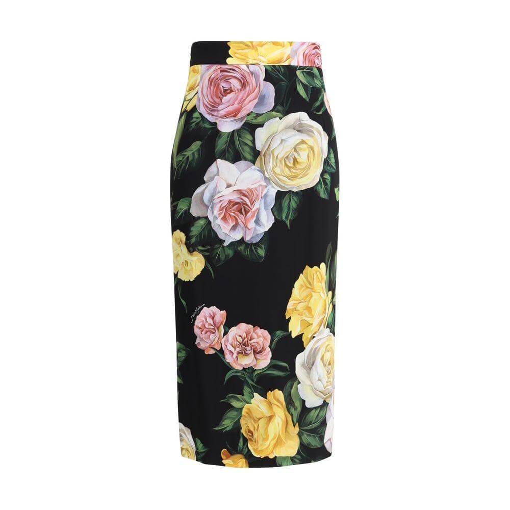 Dolce & Gabbana midi skirt with rose and peony pattern, elegant silk design, back zipper, romantic and timeless floral appeal.