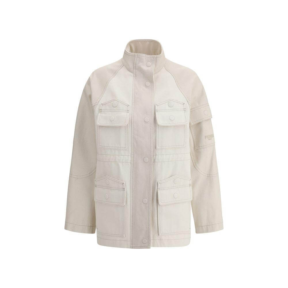 Fendi Denim Bomber Jacket with high collar, front snap closure, and four front patch pockets, blending style and practicality.