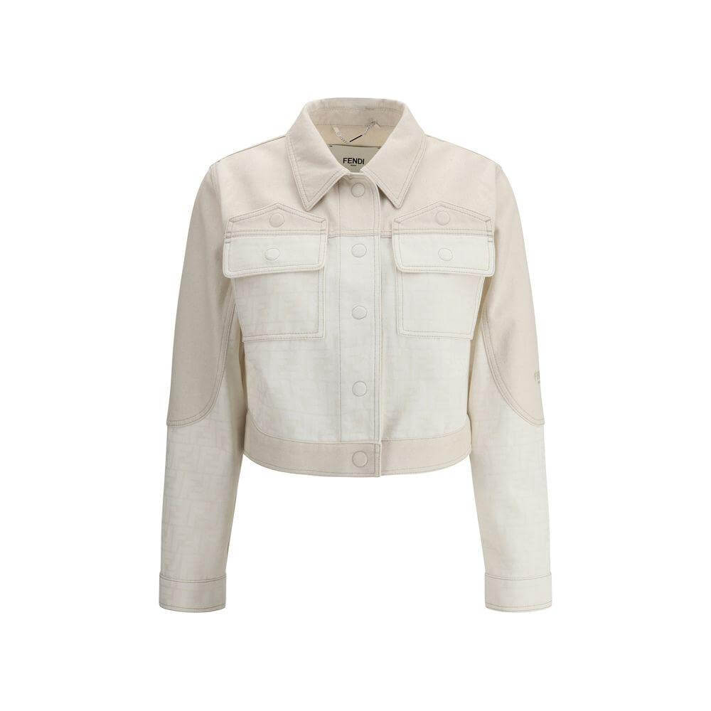 Fendi FF print denim jacket with classic collar and front patch flap pockets, featuring iconic logo design for a stylish street style look.