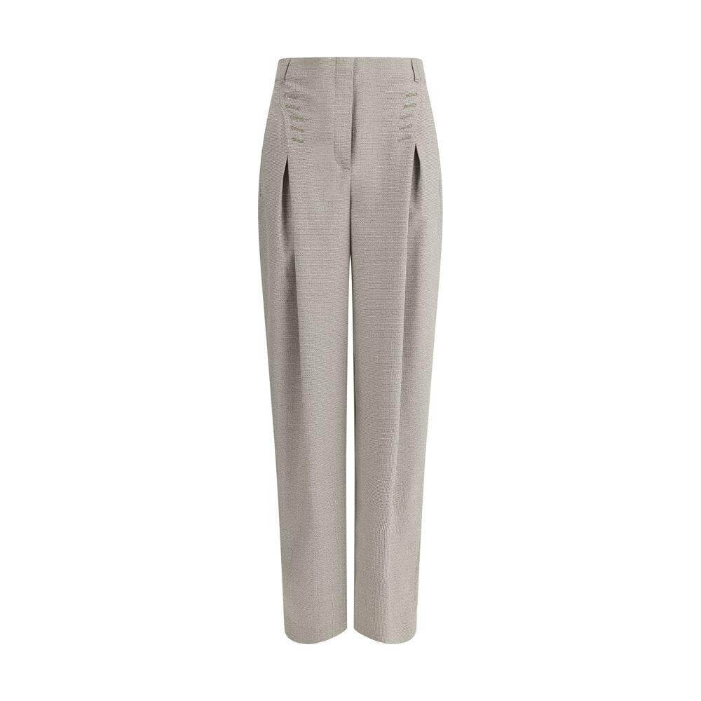 Fendi pied-de-poule wool pants with front zipper, hook-and-eye closure, and side welt pockets, offering timeless elegance and style.
