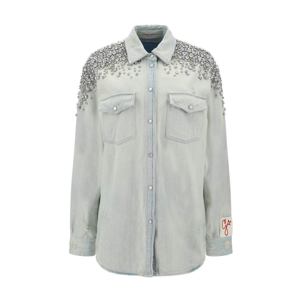 Golden Goose cotton boyfriend shirt with pearl snaps and beaded appliqués on shoulders, featuring front patch pockets and adjustable cuffs.