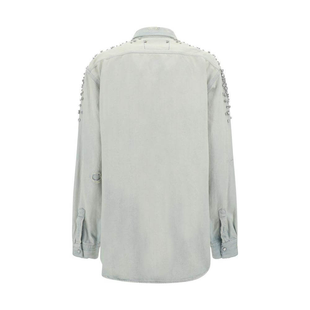 Back view of Golden Goose Boyfriend Shirt with pearl snaps and beaded appliqués on shoulders.