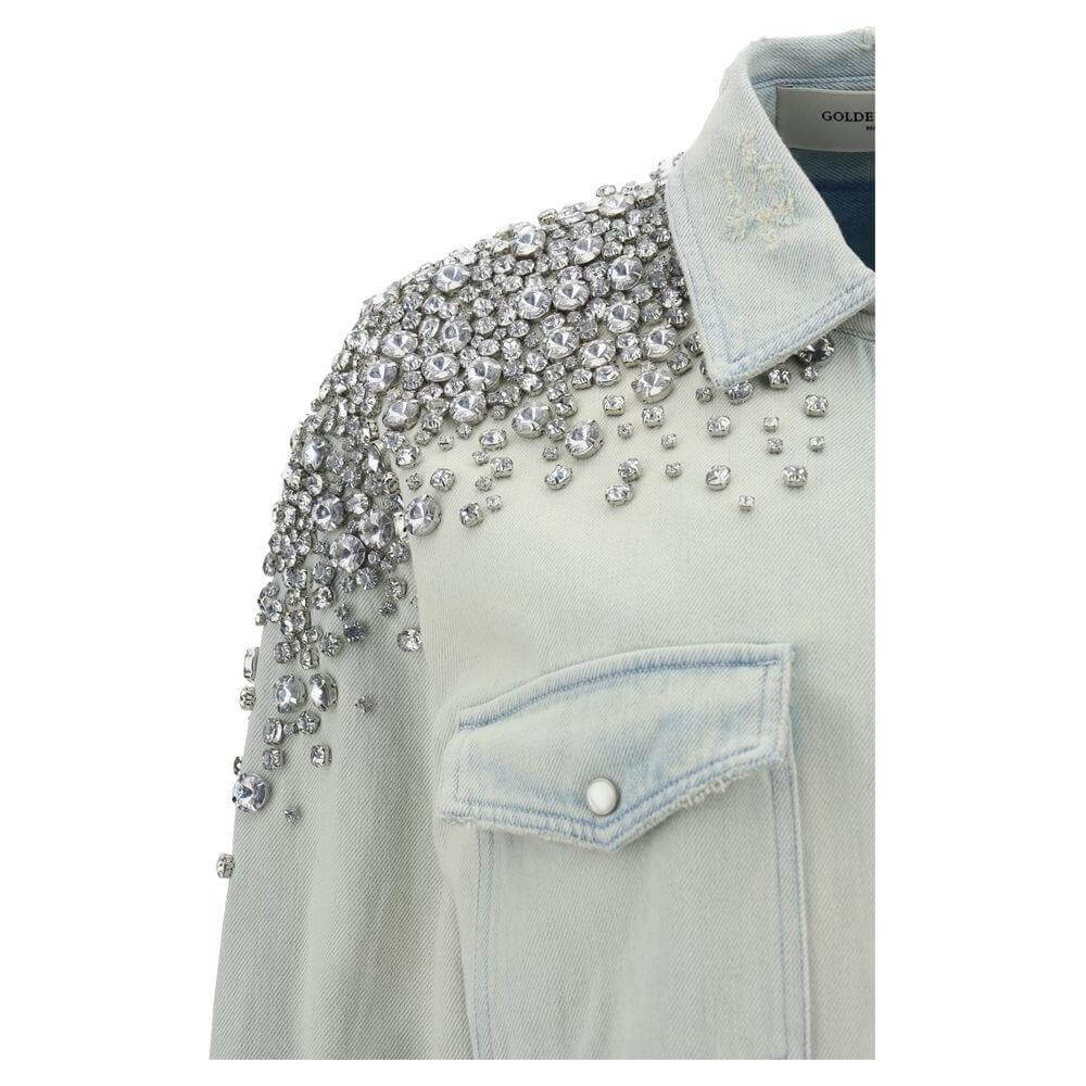 Golden Goose oversize cotton boyfriend shirt with beaded shoulder appliqués, pearl snap front, classic collar, and flap pockets.