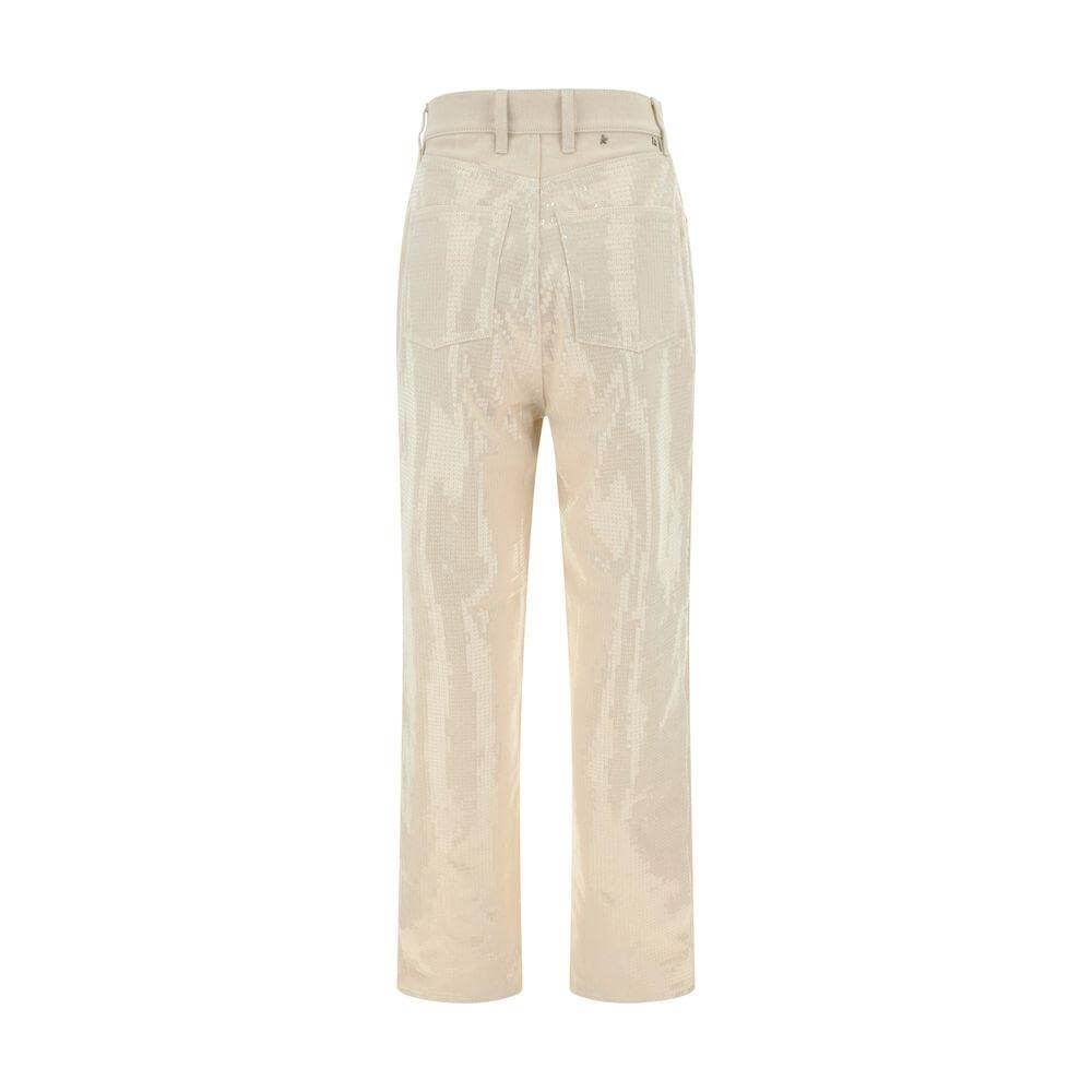Golden Goose cotton denim pants with bright sequin appliqué, back view with straight five-pocket style and waistband loops.
