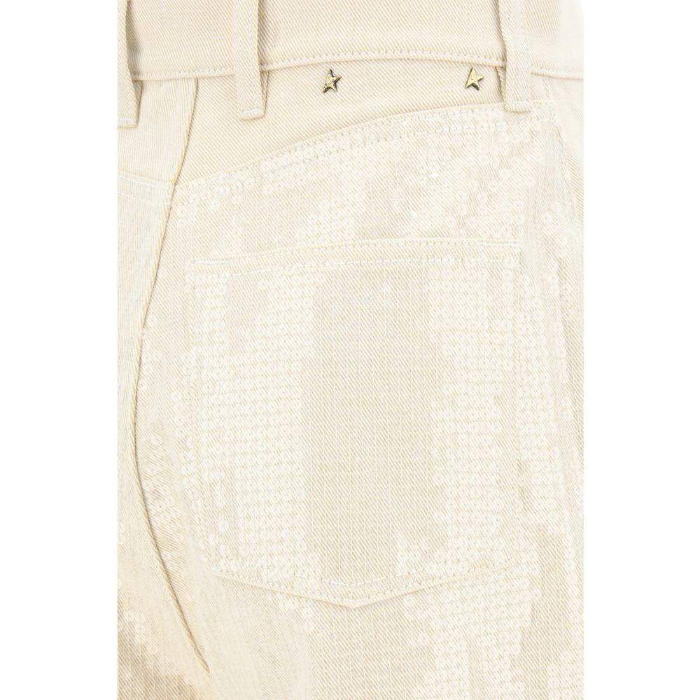 Golden Goose denim pants with sequins, five-pocket, star accents, cotton fabric. Back view highlighting waistband and loops.