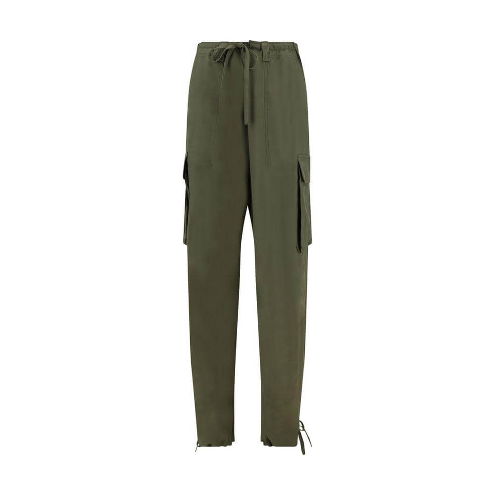 Golden Goose cargo pants with wide-leg design, adjustable drawstring waist, multiple cargo pockets, and zipper hems in monochrome.