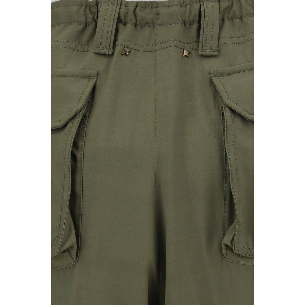 Golden Goose wide-leg cargo pants with button and zipper closure, adjustable drawstring waist, pockets, and monochrome pattern.