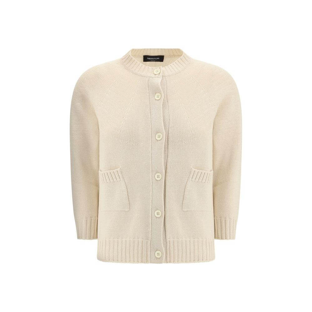 Fabiana Filippi cotton cardigan with ribbed crew neck, welt pockets, and button closure