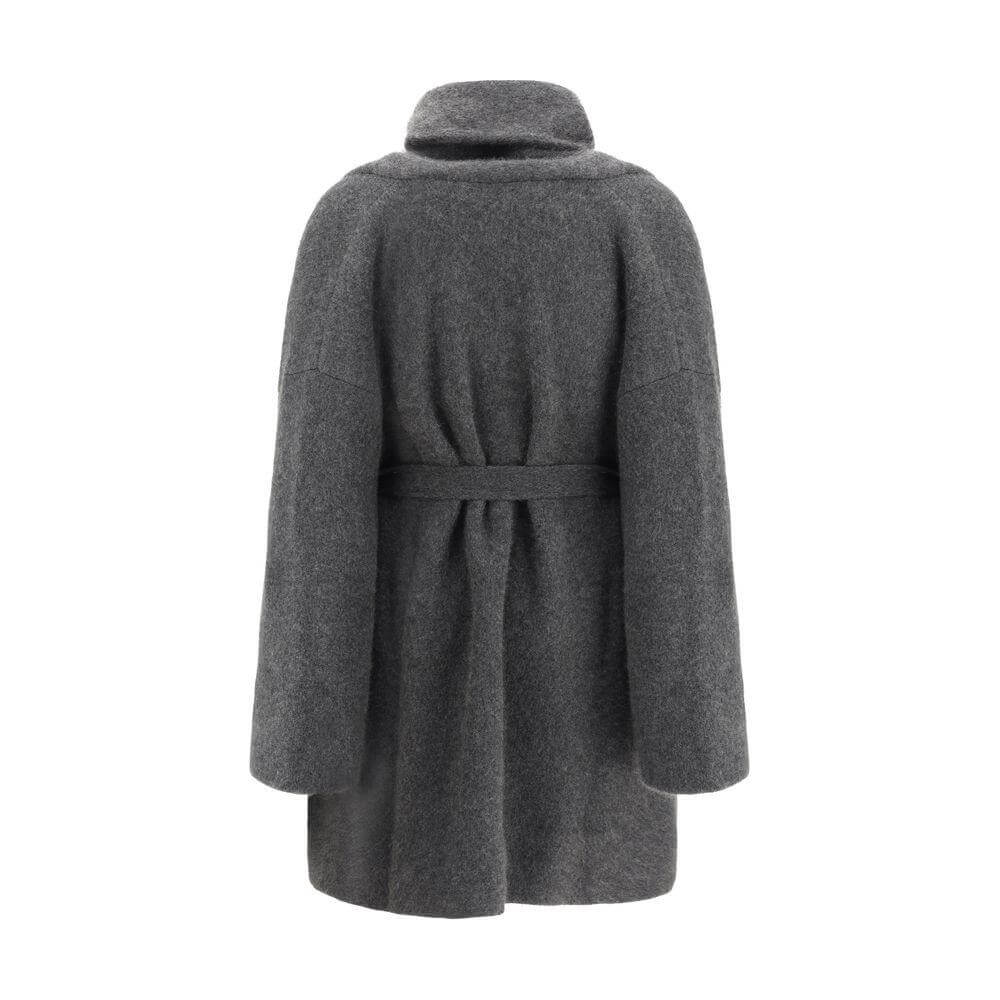 Back view of The Row Ija Coat with shawl lapels and knotted sash, featuring a regular fit in soft gray fabric.