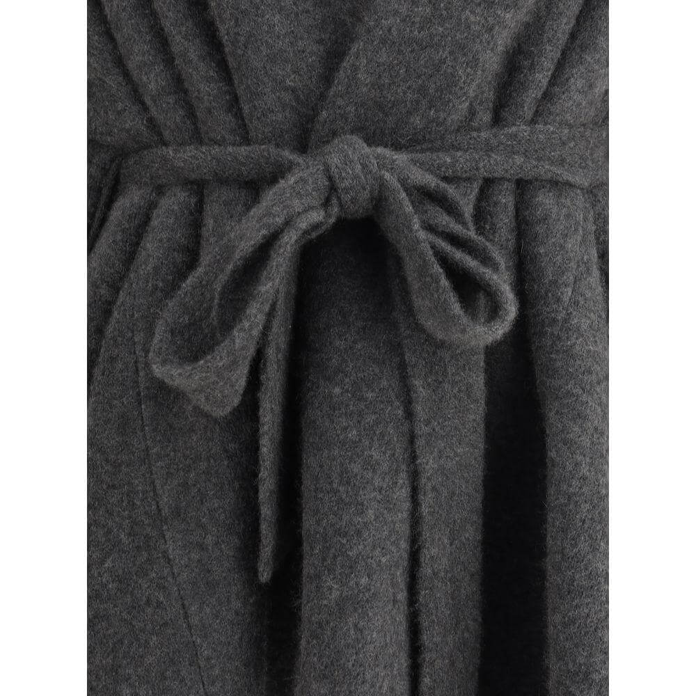 Close-up of The Row Ija Coat featuring shawl lapels, V-neck, and knotted sash closure in gray fabric.