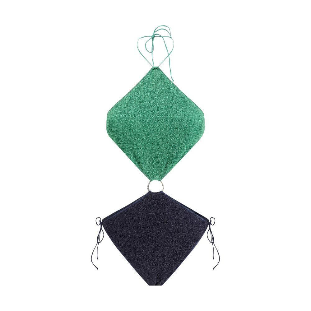 Oséree Lumiere Diamond Swimsuit, two-tone with adjustable hips and ring detail, geometric top emphasizing elegance and originality.