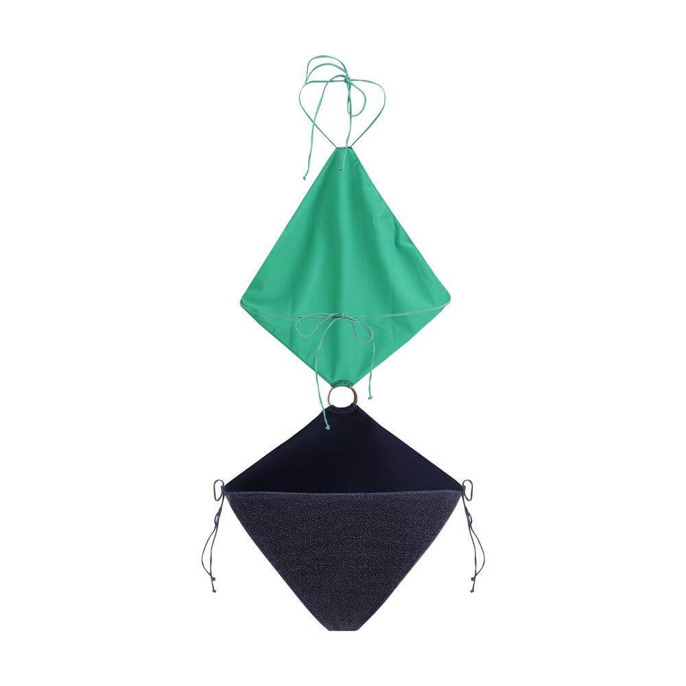 Oséree Lumiere Diamond Swimsuit with a two-tone design, adjustable hips, and geometric ring detail, shown in green and black.