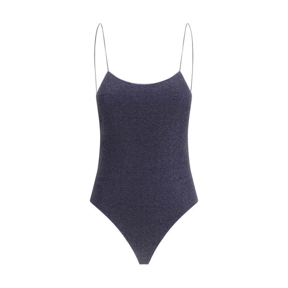 Oséree Lumiere Maillot Swimsuit, one-piece design with glitter, thin straps, open back, monochrome pattern with sparkly finish.