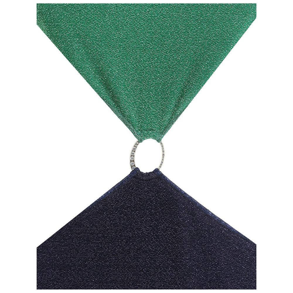 Oséree Lumiere Diamond Swimsuit with green and blue two-tone design, featuring a central metallic ring and geometric shape.