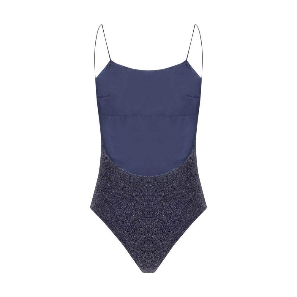 Oséree Lumiere Maillot Swimsuit, one-piece with thin straps and open back, monochrome with all-over glitter, elegant beachwear.