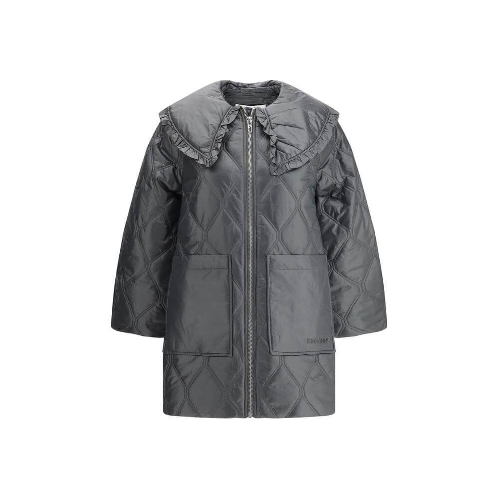 Ganni oversize quilted jacket with wide collar, front zipper, and maxi patch pockets featuring brand monogram detail.