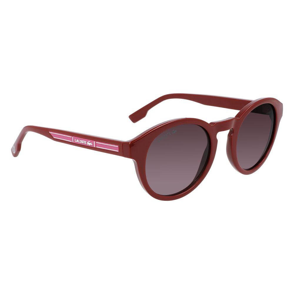 Lacoste red injected women's sunglasses with round lenses, 50/23/145mm dimensions, Category 3 UV protection, stylish eyewear.