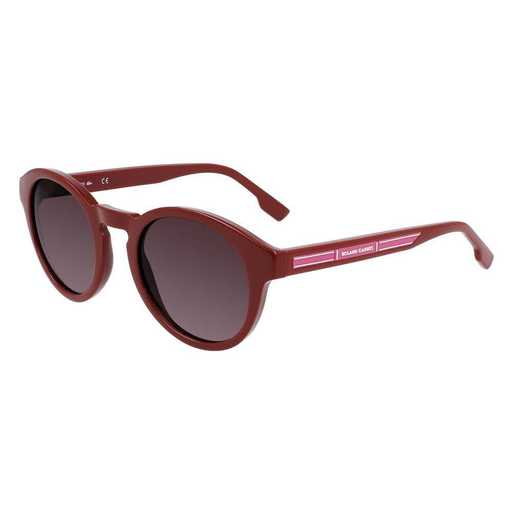 Lacoste red injected women's sunglasses, model L952SRG-615, featuring 50/23/145mm dimensions and category 3 UV protection.