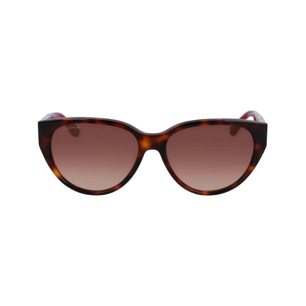 Lacoste Women's Brown Acetate Sunglasses L985S-240 with 59/16/140mm measurements and Filter 3 lens, front view.