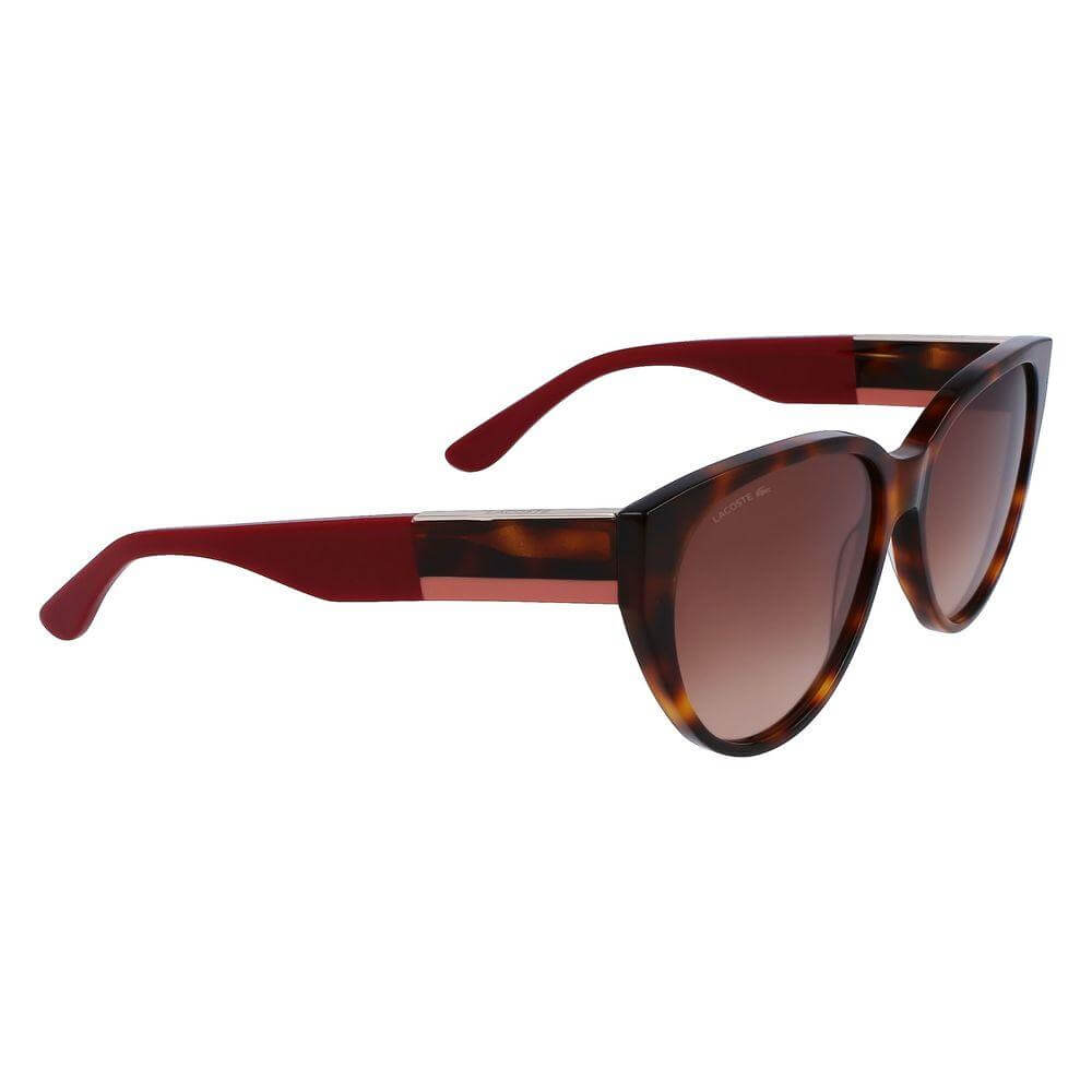 Lacoste brown acetate sunglasses for women, model L985S-240, with tortoise pattern and red temples, measures 59/16/140 mm.