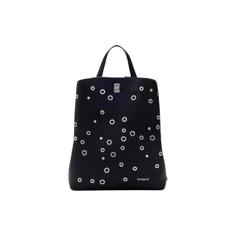 Desigual black polyethylene backpack with circular patterns, women's spring/summer collection, made of 100% polyurethane.