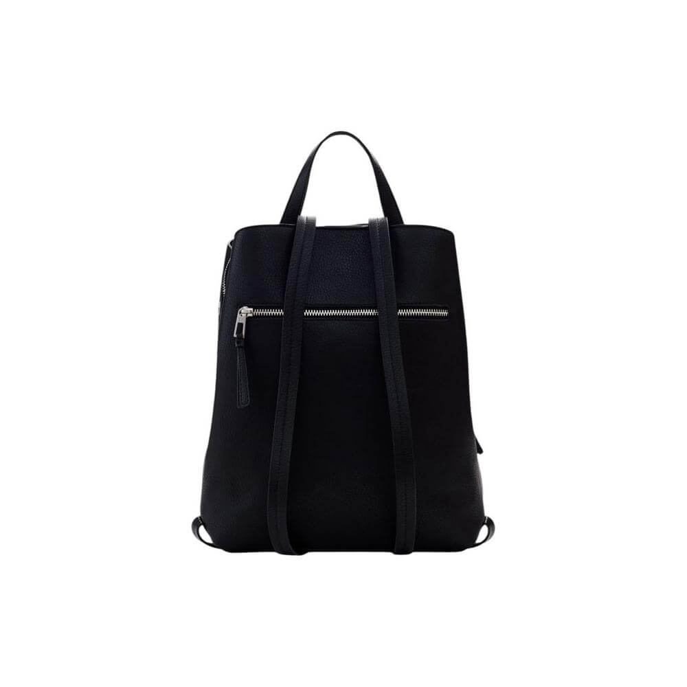 Desigual black backpack for women, Spring/Summer collection, made of 100% polyurethane, featuring a sleek design and front zipper pocket.