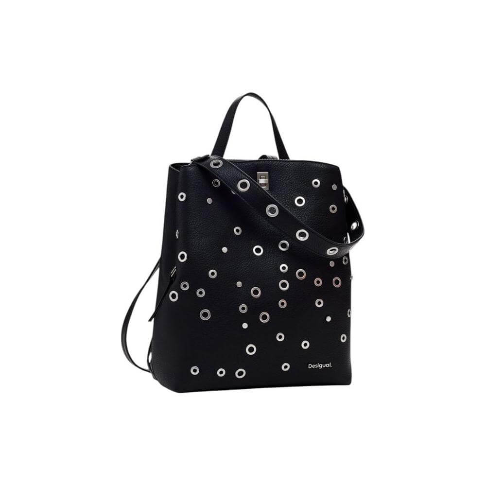 Desigual black polyethylene backpack with circular patterns, ideal for women's spring/summer collection, 100% polyurethane design.