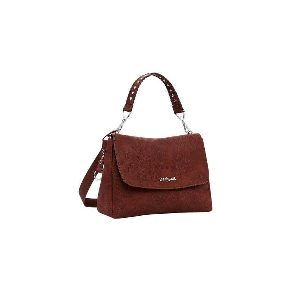 Desigual brown handbag for women, Spring/Summer medium bag, 100% polyurethane with studded strap, sleek design, versatile and stylish.