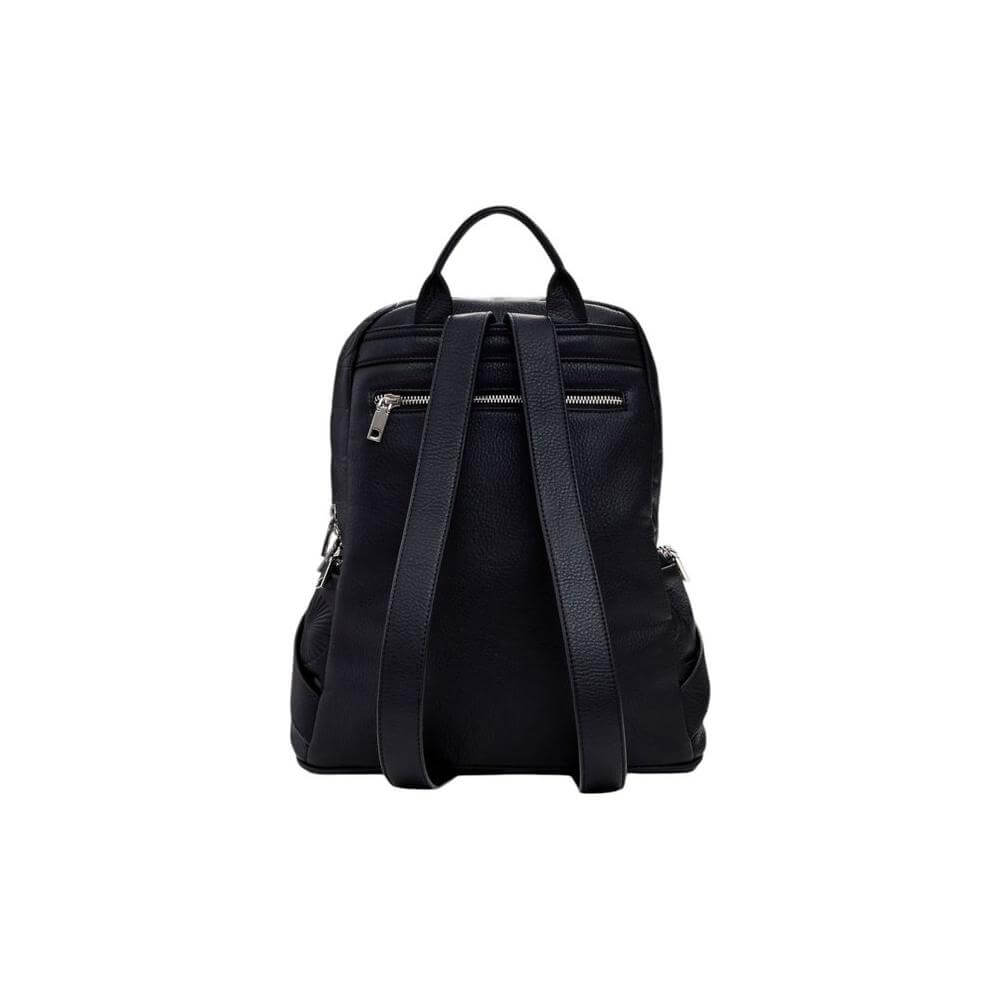 Desigual Black Polyurethane Women's Backpack, Spring/Summer Collection, back view with adjustable straps and zipper pocket.