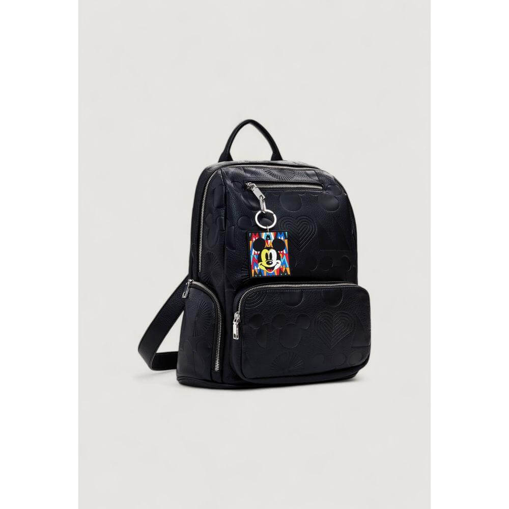 Desigual black polyurethane women's backpack from Spring/Summer collection, featuring stylish design and front zipper pockets.