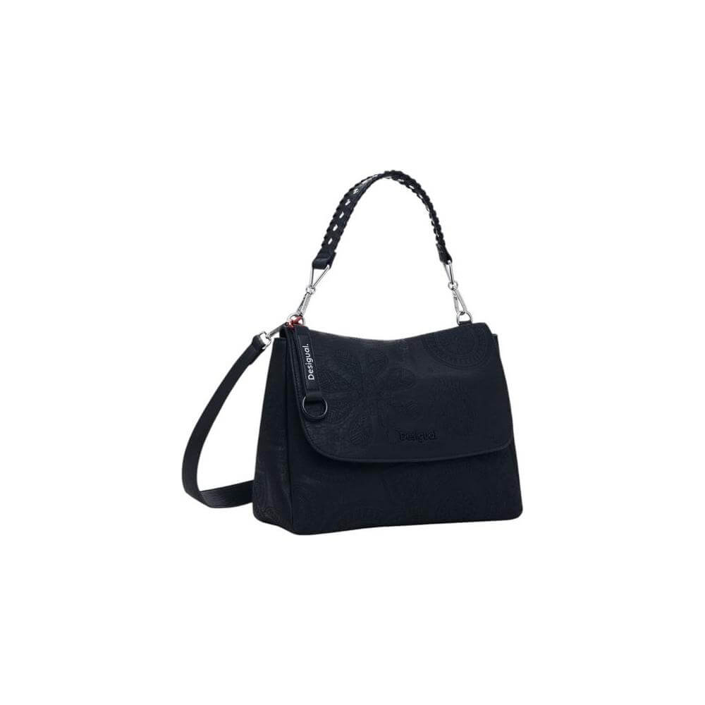 Desigual black polyethylene handbag, medium size, spring/summer collection, 100% polyurethane, women's fashion accessory.