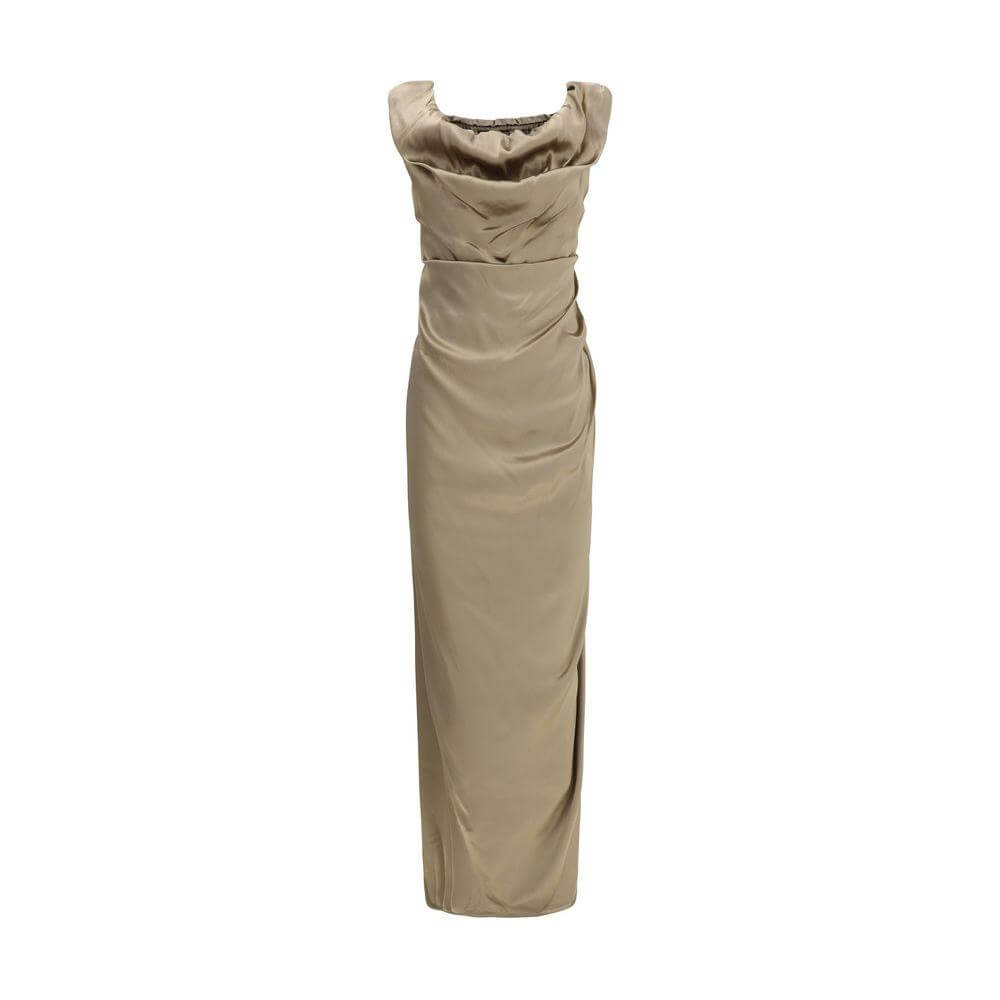 Vivienne Westwood Ginnie Pencil Long Dress with sleeveless design and draped neckline, showcasing satin finish in beige color.