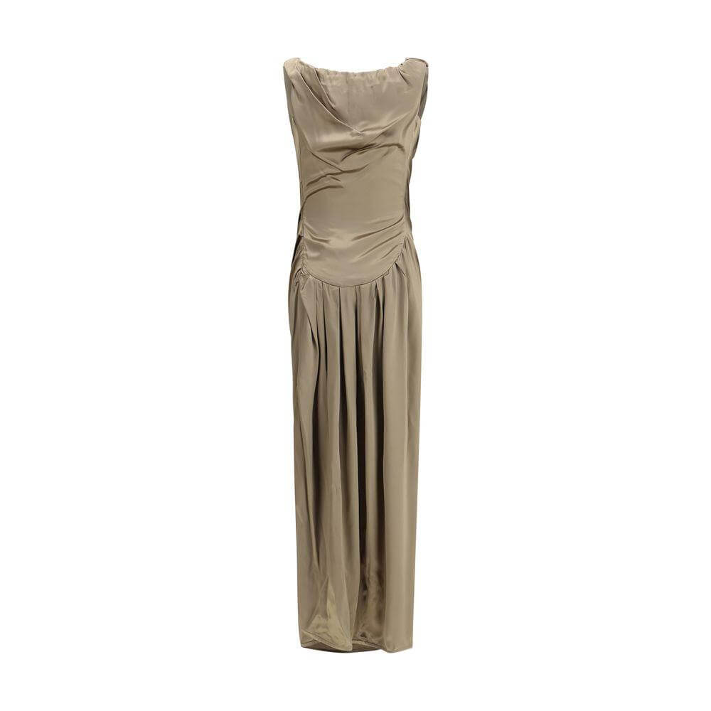 Vivienne Westwood Ginnie Pencil Long Dress with sleeveless design and satin finish, showcasing draped neckline and elegant fit.