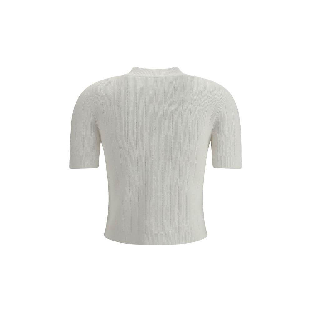 Balmain short-sleeved cardigan with ribbed crew neck, embossed button closure, and buttoned welt pockets in monochrome pattern.