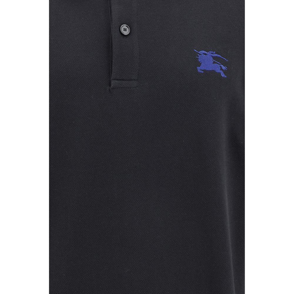 Burberry Equestrian Knight Polo Shirt, classic collar, black with blue embroidered logo, cotton, monochrome, elegant design.