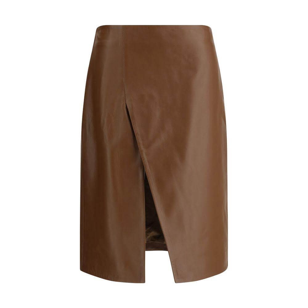 Loulou Studio Ekare Lambskin Skirt with asymmetrical front slit, back zipper closure, in brown, offering a modern elegant design.