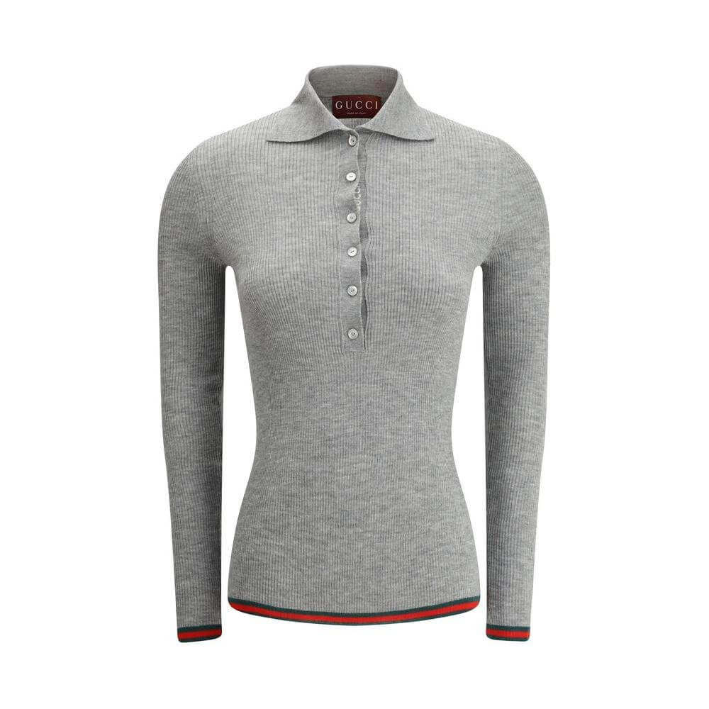 Gucci Cashmere Polo Sweater with classic collar, ribbed design, and iconic colored hem and cuffs.