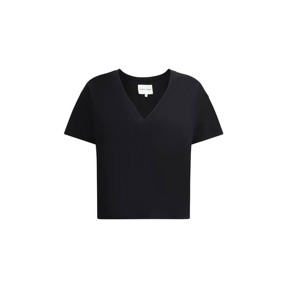 Loulou De Saison black Telanto T-shirt with iconic stitched logo, minimalist design, ribbed crew neck, and comfortable cotton fabric.