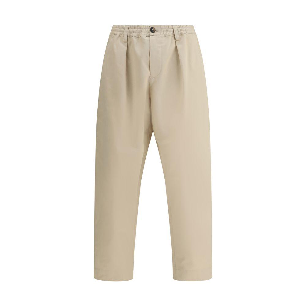 Cropped beige Marni pants with mid-rise, elastic waistband, zipper closure, and pockets. Modern cotton fit.