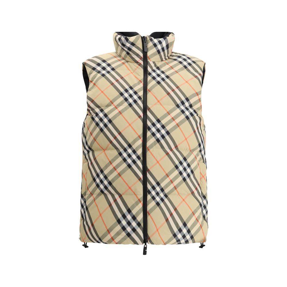 Burberry Reversible Down Vest with high collar and plaid design, featuring a double-slider front zipper and adjustable drawstring hem.