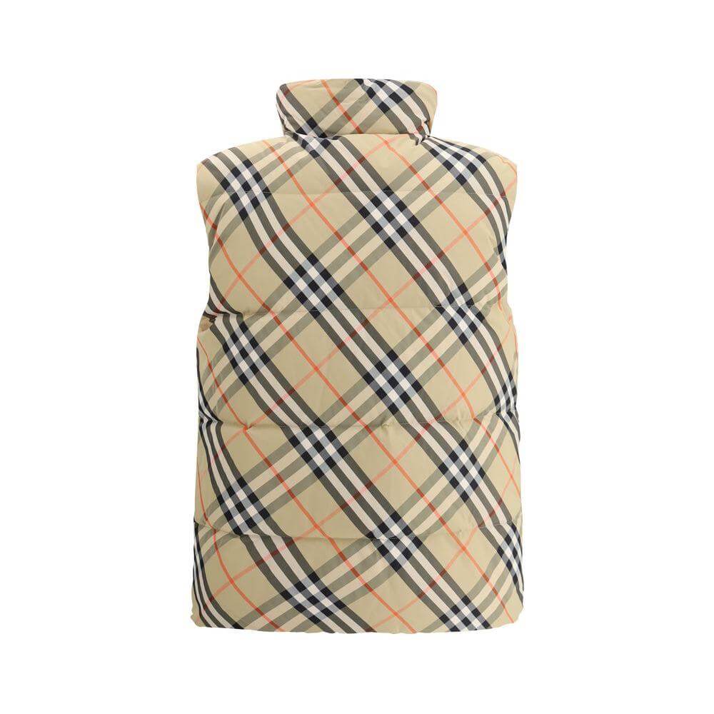 Burberry reversible down vest with high collar and check pattern, featuring adjustable drawstring hem and side welt pockets for functionality.