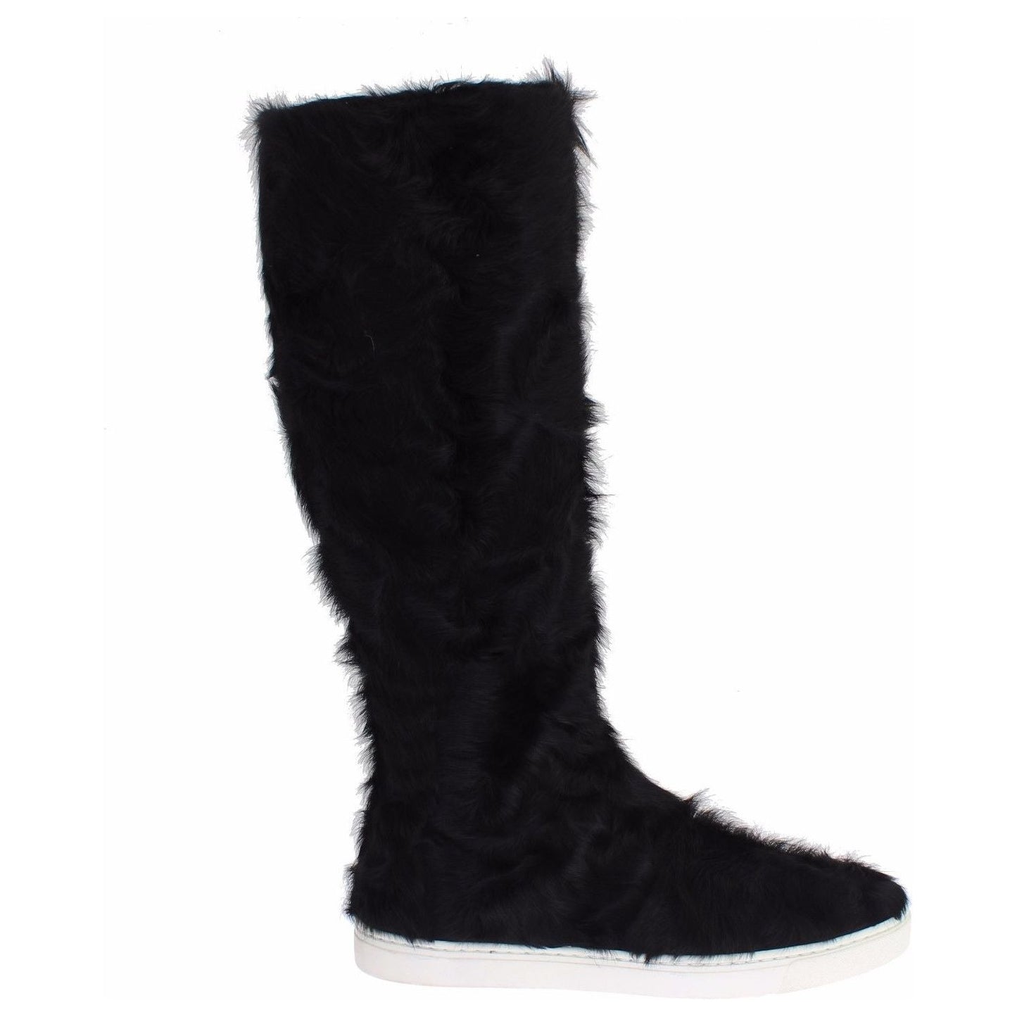 Dolce & Gabbana Elegant Black Fur Leather Flat Sneaker Boots Dolce & Gabbana Black