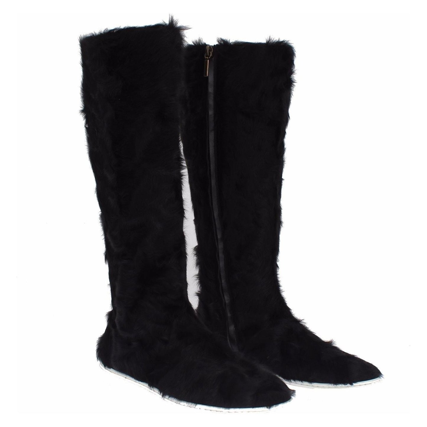 Dolce & Gabbana Elegant Black Fur Leather Flat Sneaker Boots Dolce & Gabbana Black
