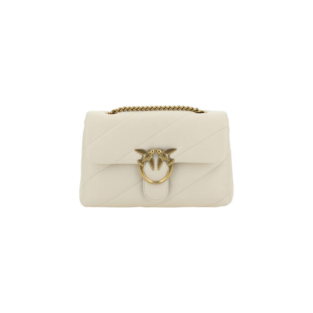 Pinko Love Classic shoulder bag with gold Love Birds logo, quilted calfskin, sliding chain strap, and double compartments.