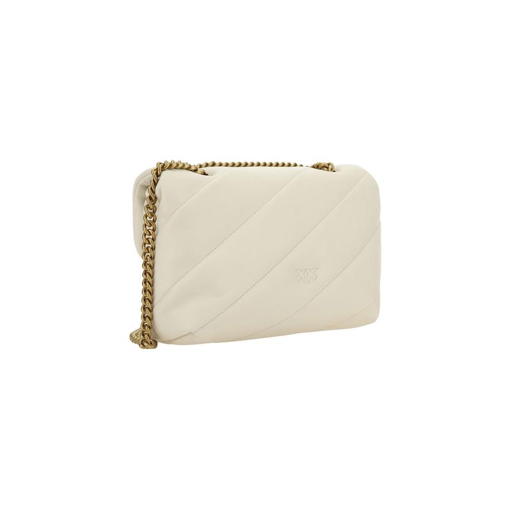 PINKO Love Classic Shoulder Bag in calfskin with gold Love Birds logo, quilted design, and chain strap. Iconic monogram on back.