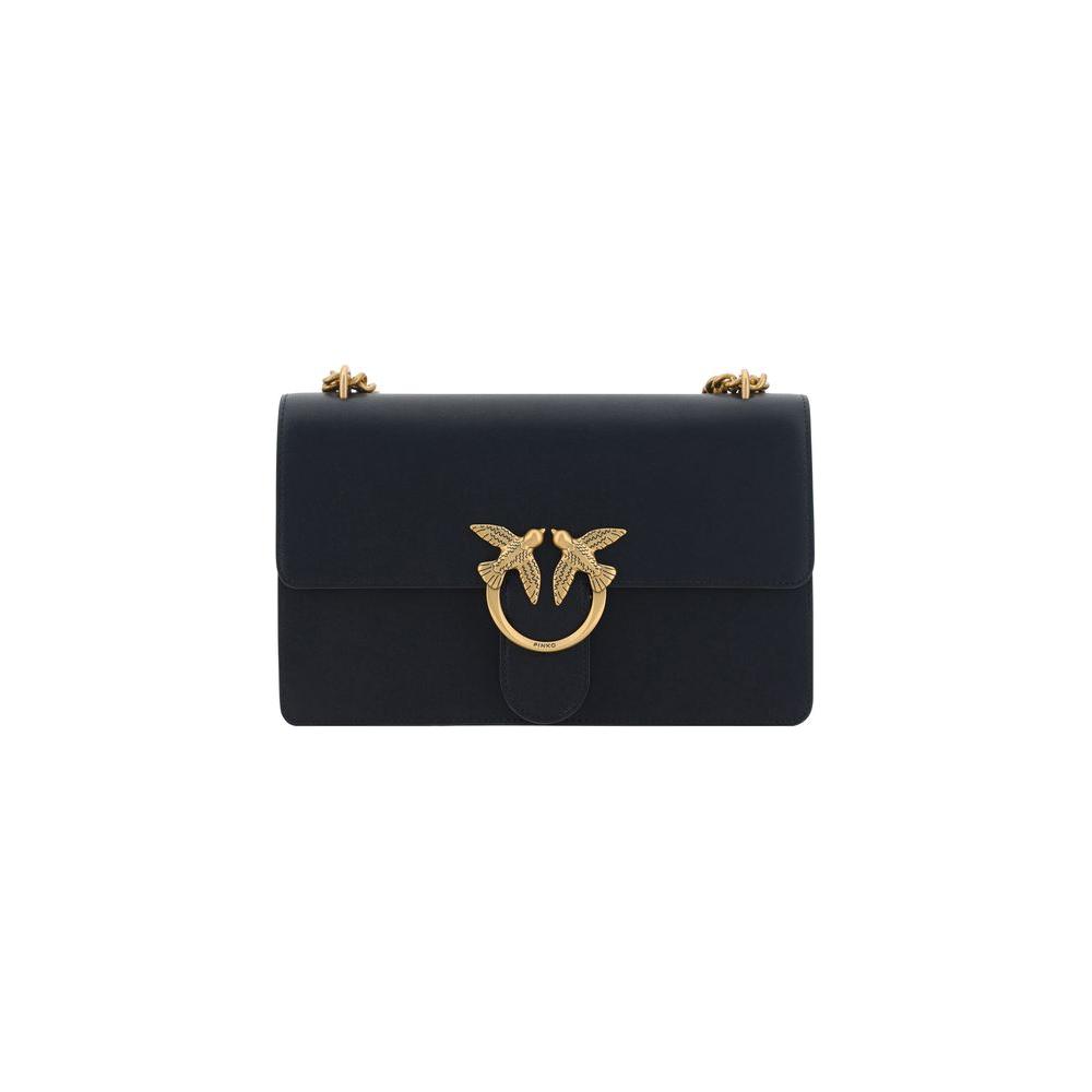 Black Pinko Love Shoulder Bag with gold Love Birds buckle and chain strap.