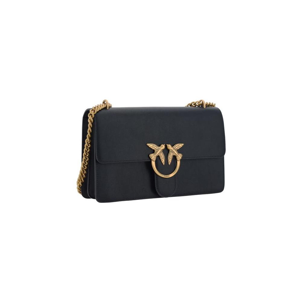 PINKO Love leather shoulder bag with iconic embossed Love Birds buckle and adjustable chain strap in black.