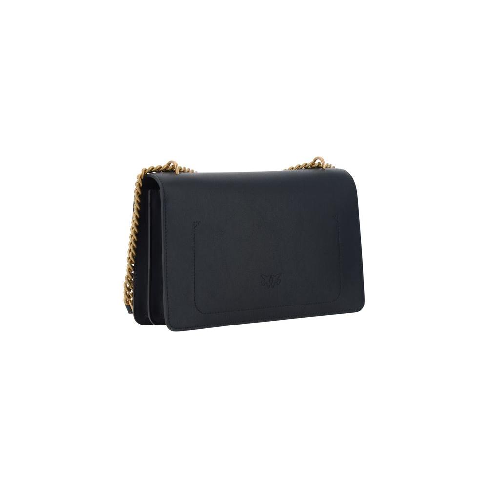 PINKO Love Shoulder Bag with adjustable gold chain strap and signature Love Birds buckle, elegant leather accessory in black.