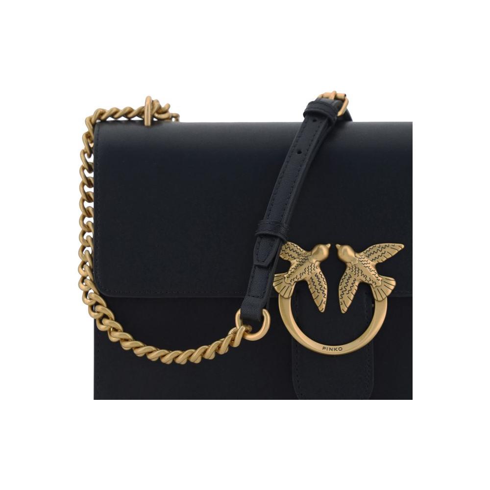 PINKO Love Shoulder Bag with gold chain strap and iconic Love Birds buckle on black leather flap.